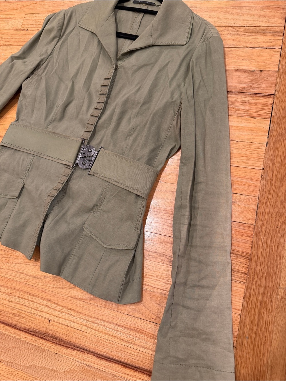 Elie Tahari linen blend khaki green belted utility jacket - Picture 7 of 10